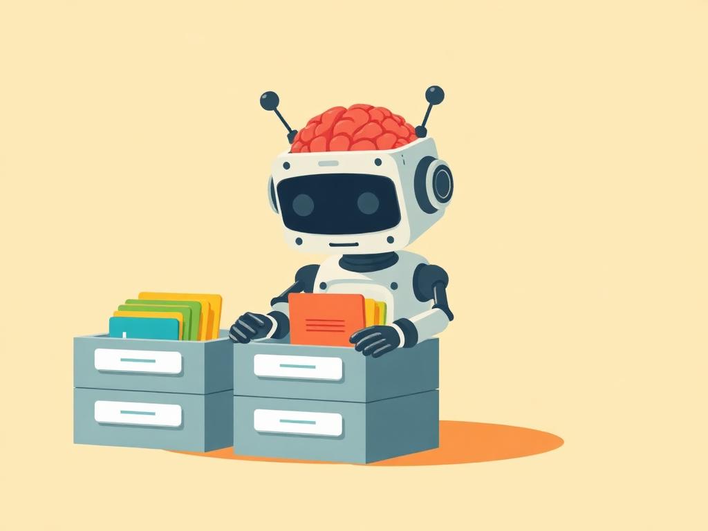 Illustration of a small robot sorting colorful cards into trays